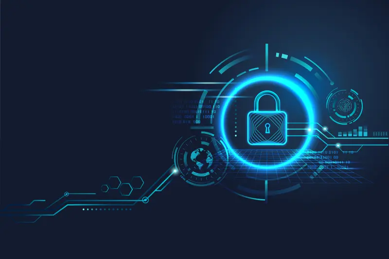 Cybersecurity illustration with a glowing lock icon at the center, surrounded by digital interface elements, binary code, a globe, and tech symbols. The blue and dark theme represents data protection and online security.