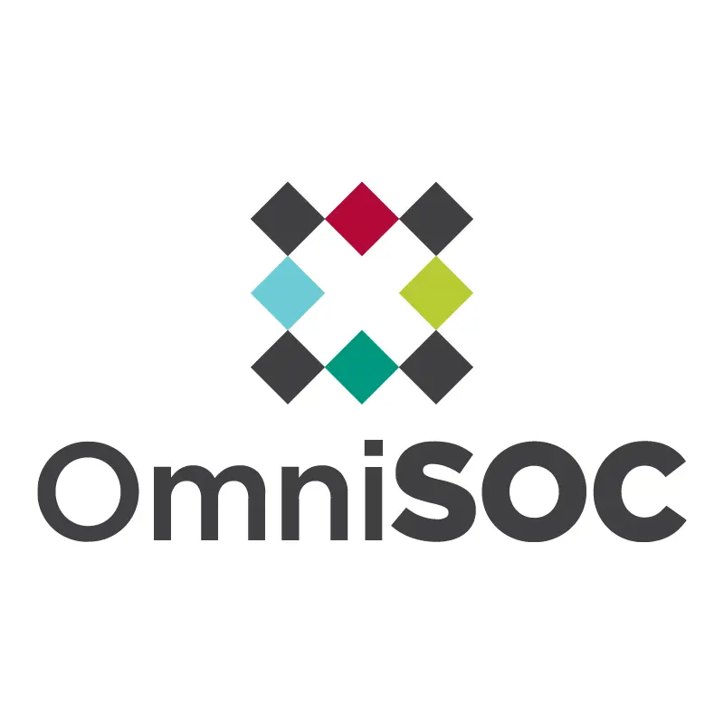 OmniSOC logo featuring a geometric design of overlapping squares in black, red, blue, green, and gray, arranged to form an 'X' shape above the bold black text 'OmniSOC' on a white background.