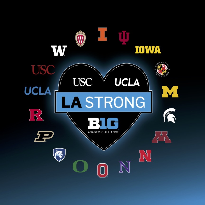 logos of the Big Ten Universities with text saying LA Strong